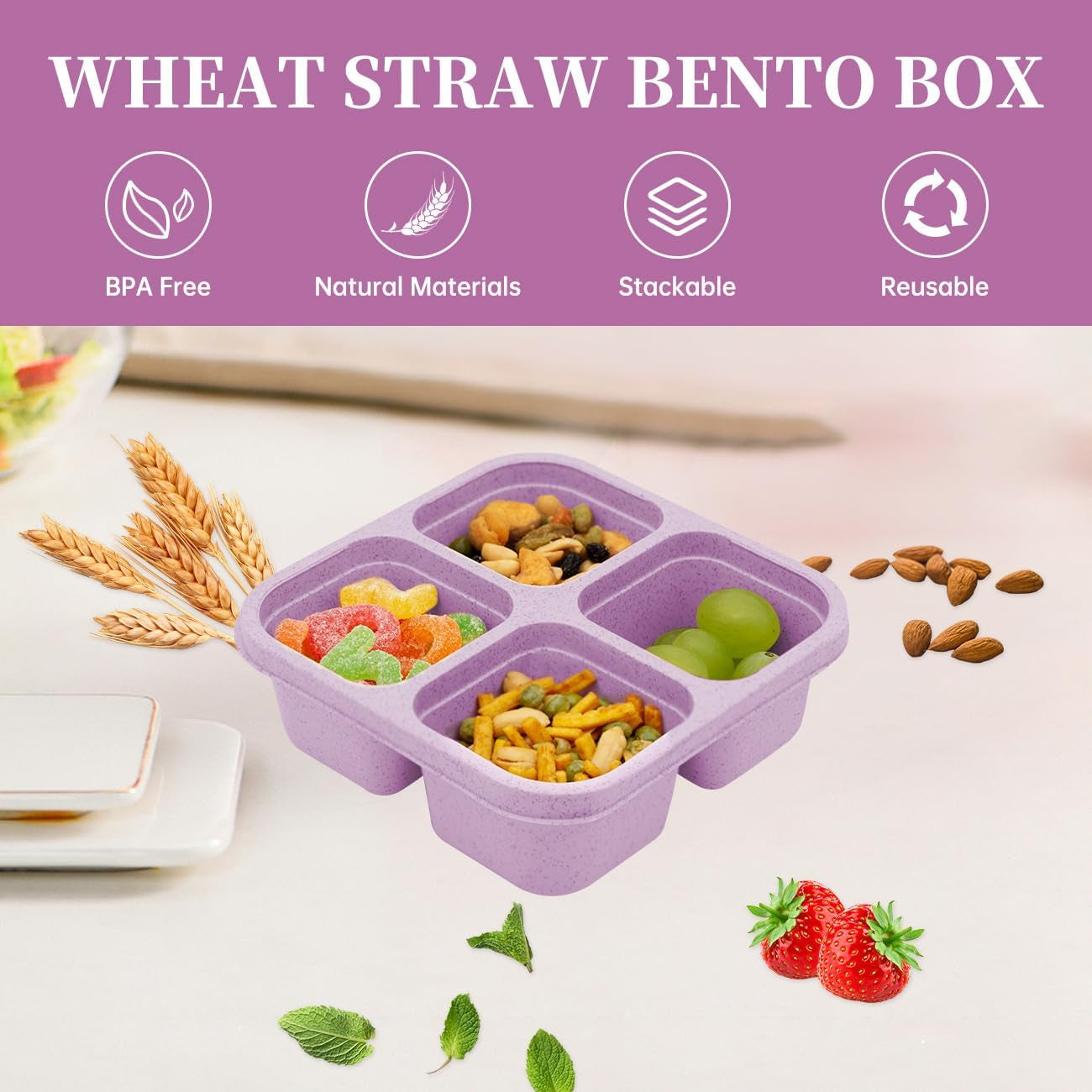 5 Pack Bento Lunch Box,4 Compartment Snack Containers,Divided Snack Box,Meal Prep Lunch Containers for Kids/Toddle/Adults,Food Storage Containers for School, Work and Travel