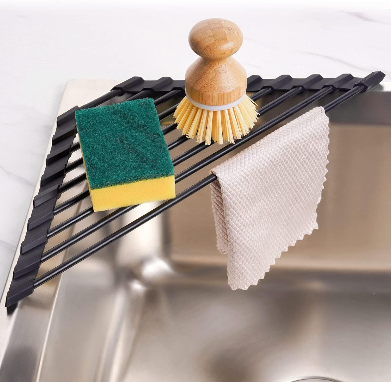 Small Triangle Roll-Up Dish Drying Rack with Silicone Coating Stainless Steel Frame for Sink Corners, Multipurpose Over-The-Sink Kitchen Drainer & Organizer for Space-Saving Storage (Black)