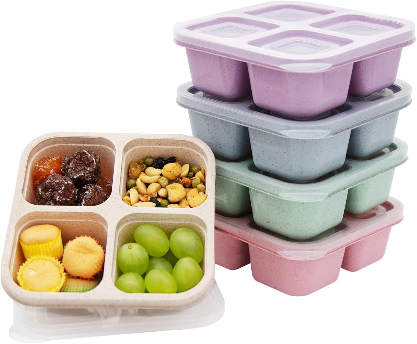 5 Pack Bento Lunch Box,4 Compartment Snack Containers,Divided Snack Box,Meal Prep Lunch Containers for Kids/Toddle/Adults,Food Storage Containers for School, Work and Travel