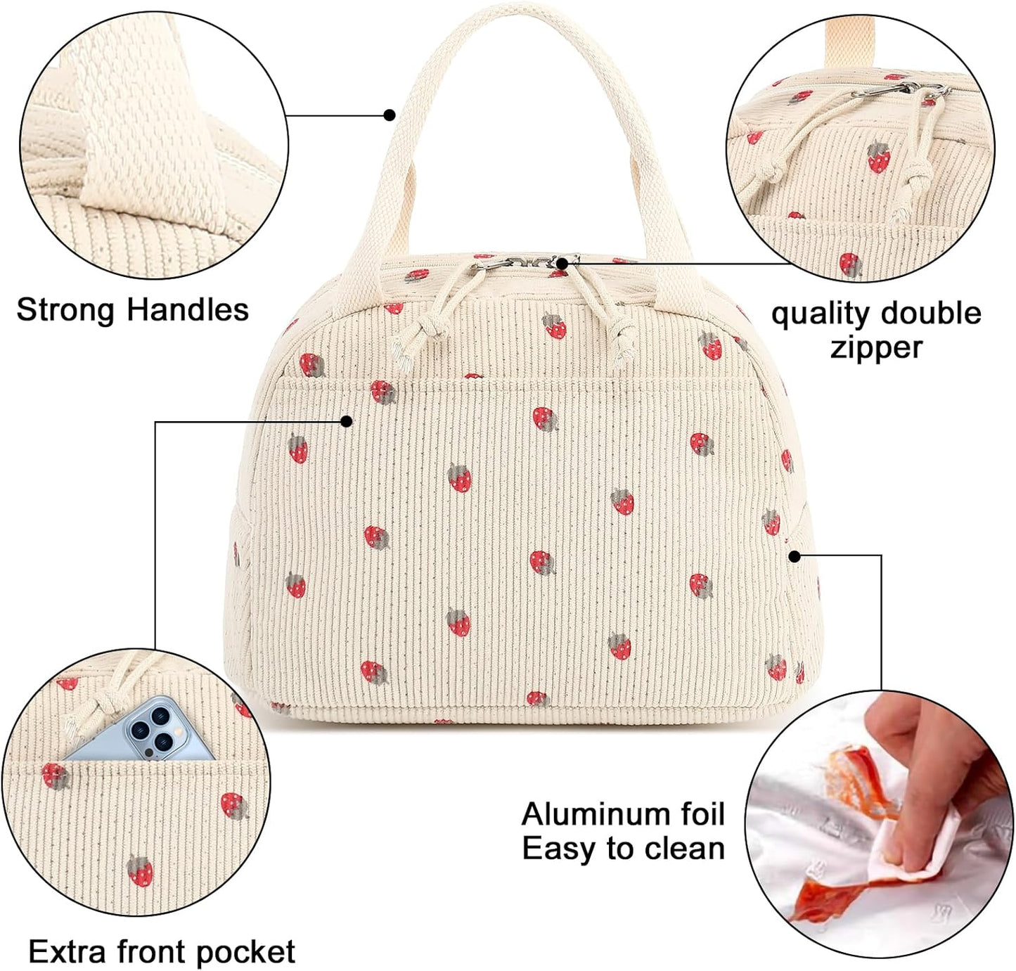 Lunch Bag for Women Men Cute Corduroy Lunch Tote Bags Reusable Insulated Lunch Box Large Capacity Reusable Insulated Cooler for Work Picnic or Travel